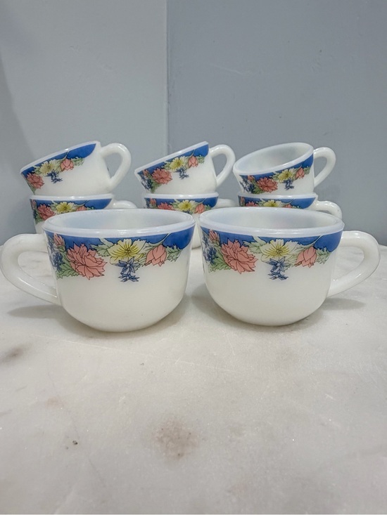 Vintage Other - Vintage 90s Duropal French Opal Glass Teacups Set 7 Floral Blue Rim Coffee Cups
